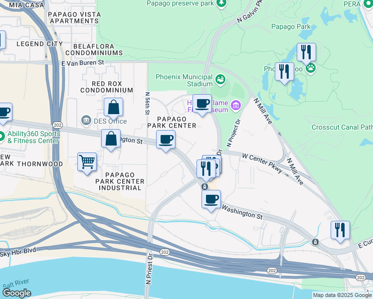 map of restaurants, bars, coffee shops, grocery stores, and more near N 48th St in Tempe