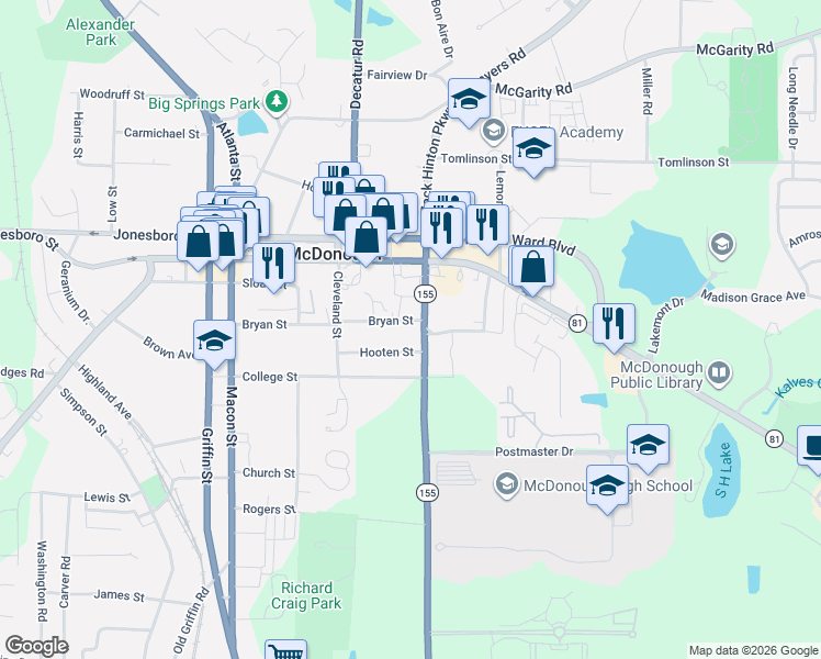 map of restaurants, bars, coffee shops, grocery stores, and more near 8 Hooten Street in McDonough