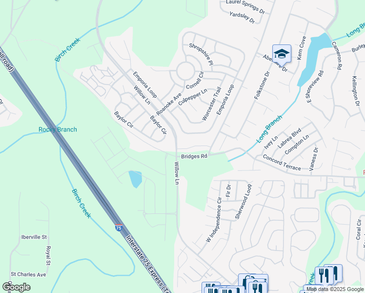 map of restaurants, bars, coffee shops, grocery stores, and more near 605 Willow Lane in McDonough