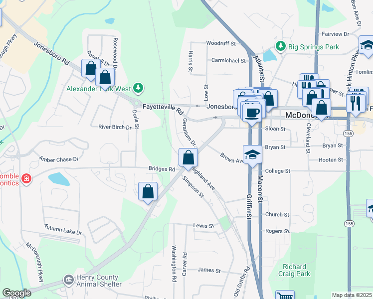 map of restaurants, bars, coffee shops, grocery stores, and more near 157 Hampton Street in McDonough