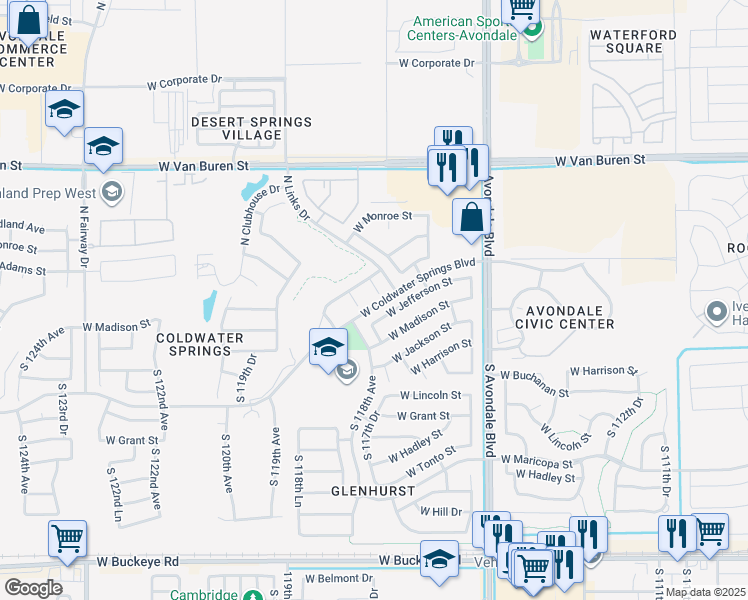 map of restaurants, bars, coffee shops, grocery stores, and more near 11717 West Jefferson Street in Avondale