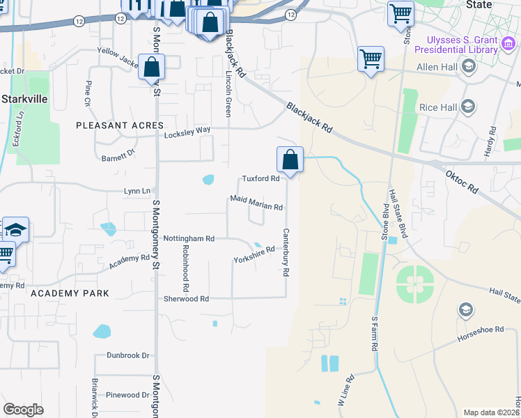 map of restaurants, bars, coffee shops, grocery stores, and more near 155 Maid Marian Road in Starkville