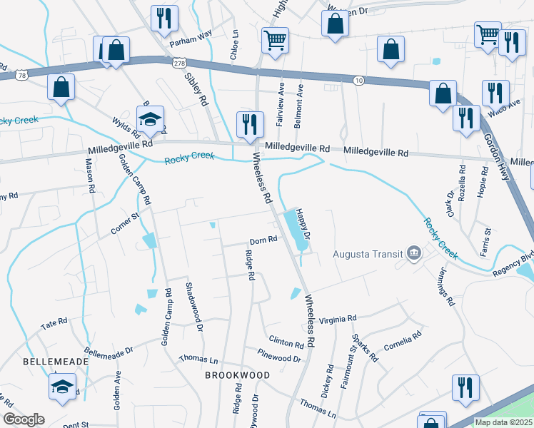 map of restaurants, bars, coffee shops, grocery stores, and more near 2327 Wheeless Road in Augusta