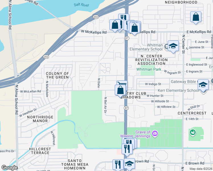 map of restaurants, bars, coffee shops, grocery stores, and more near 1550 North Bel Air Drive in Mesa