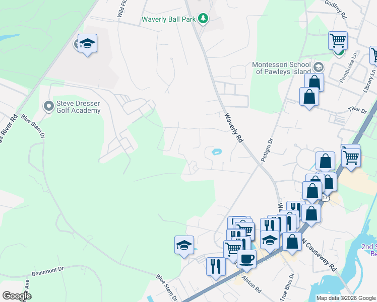 map of restaurants, bars, coffee shops, grocery stores, and more near 596 Grate Avenue in Pawleys Island
