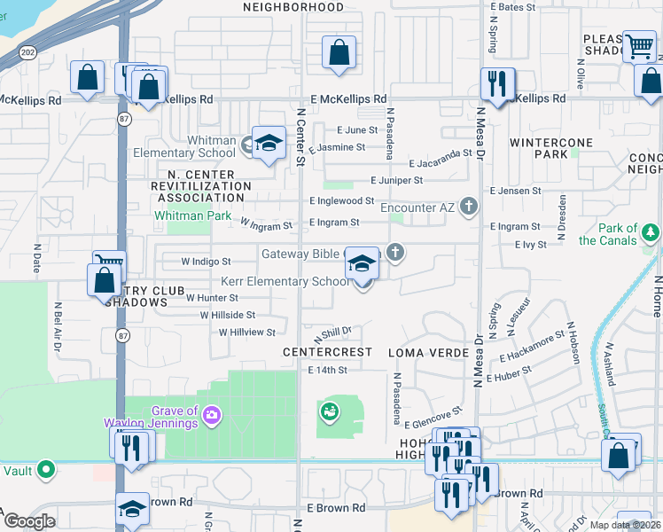 map of restaurants, bars, coffee shops, grocery stores, and more near 45 East McLellan Road in Mesa