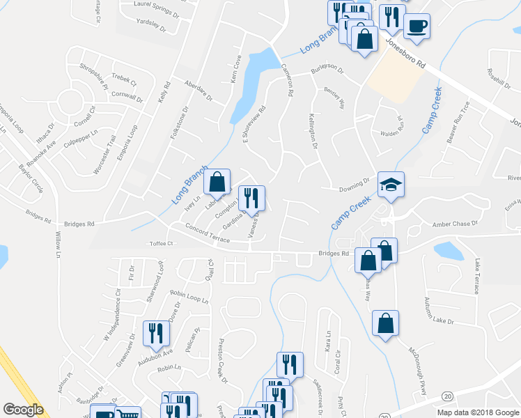 map of restaurants, bars, coffee shops, grocery stores, and more near 295 Vaness Drive in McDonough