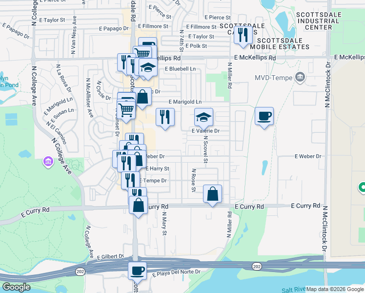 map of restaurants, bars, coffee shops, grocery stores, and more near 1049 East Weber Drive in Tempe