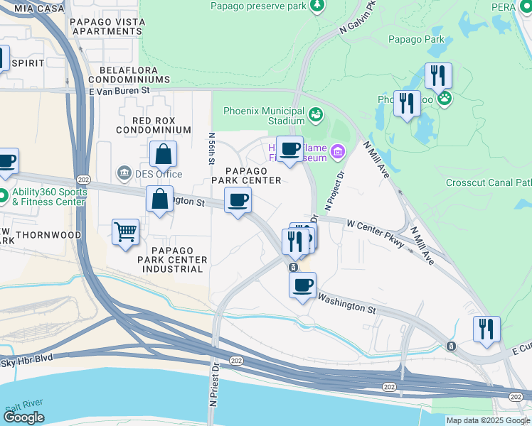 map of restaurants, bars, coffee shops, grocery stores, and more near 1250 West Washington Street in Tempe