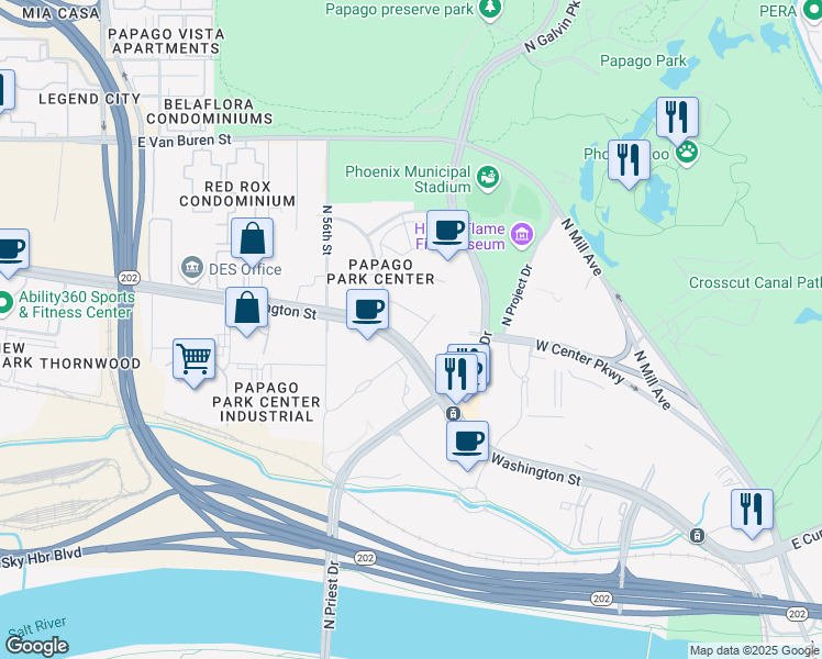 map of restaurants, bars, coffee shops, grocery stores, and more near 1250 West Washington Street in Tempe