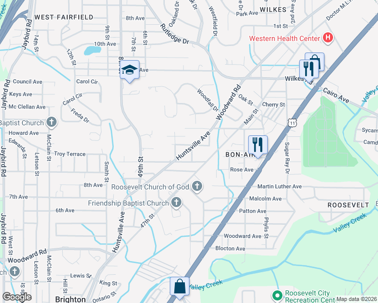 map of restaurants, bars, coffee shops, grocery stores, and more near 5117 Huntsville Avenue in Brighton