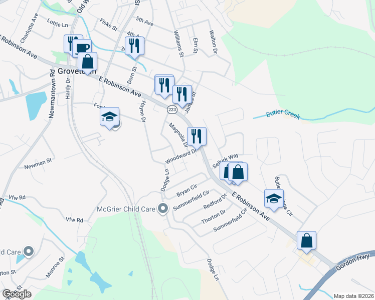 map of restaurants, bars, coffee shops, grocery stores, and more near 512 East Robinson Avenue in Grovetown