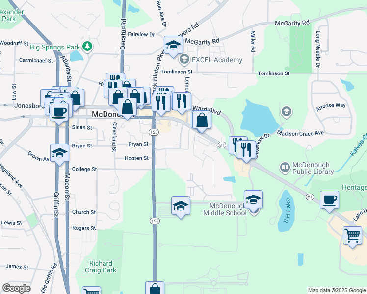 map of restaurants, bars, coffee shops, grocery stores, and more near 102 Morgan Drive in McDonough