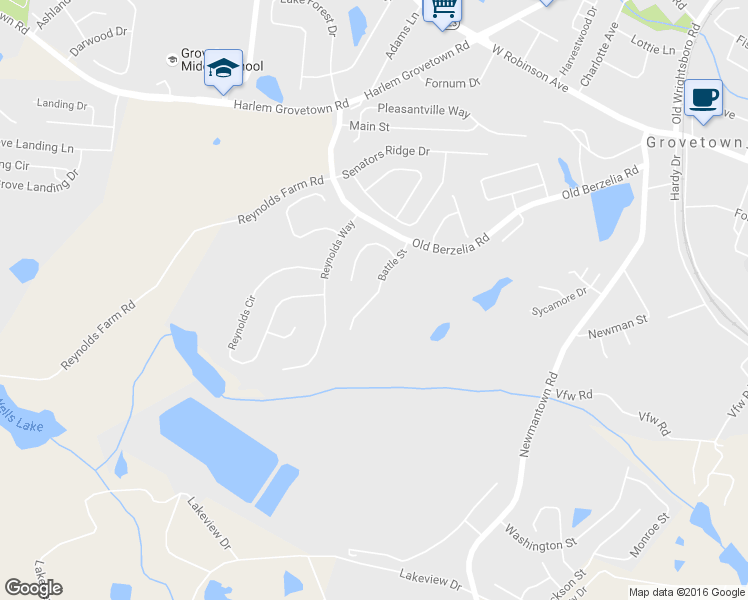 map of restaurants, bars, coffee shops, grocery stores, and more near 8025 Battle Street in Grovetown