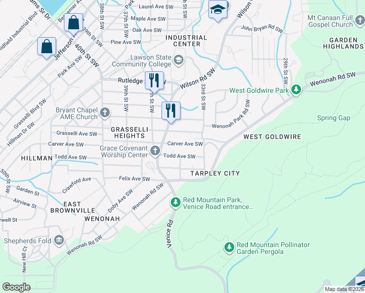 map of restaurants, bars, coffee shops, grocery stores, and more near 3328 Carver Avenue Southwest in Birmingham