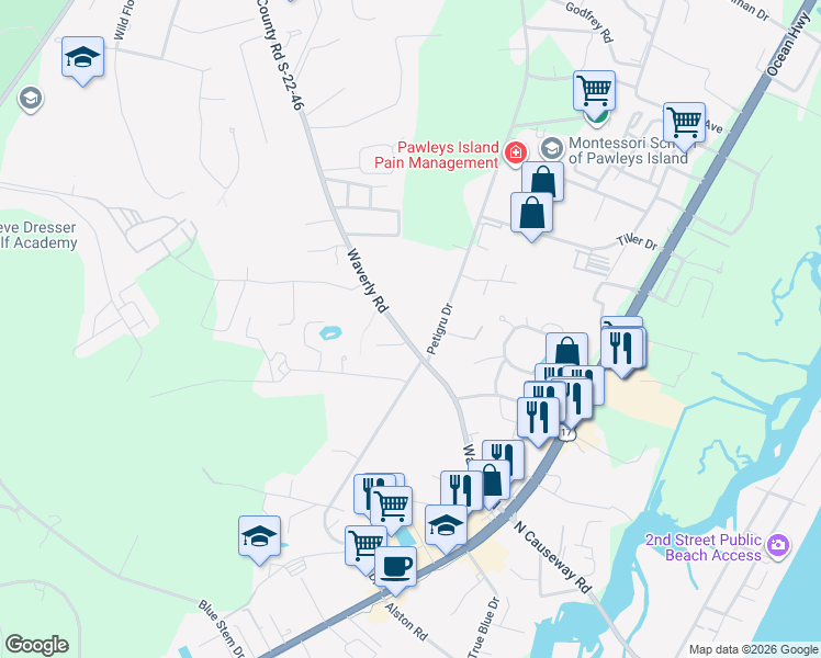 map of restaurants, bars, coffee shops, grocery stores, and more near 478 Waverly Road in Pawleys Island