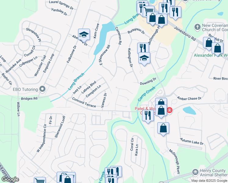 map of restaurants, bars, coffee shops, grocery stores, and more near 404 Denali lane in McDonough