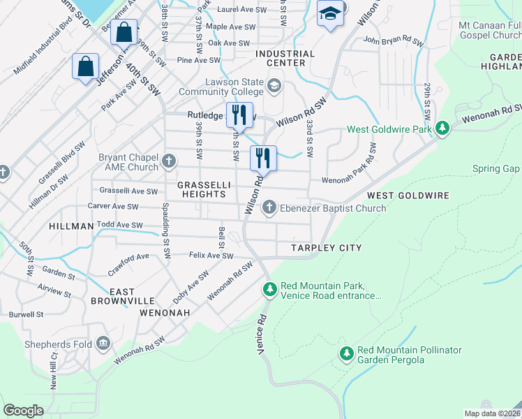 map of restaurants, bars, coffee shops, grocery stores, and more near 3220 Wilson Road Southwest in Birmingham