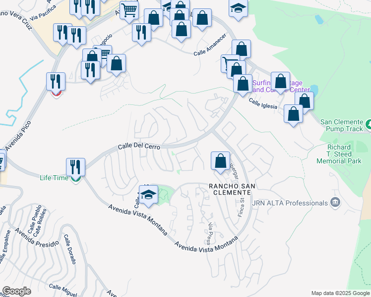 map of restaurants, bars, coffee shops, grocery stores, and more near 1213 Via Visalia in San Clemente