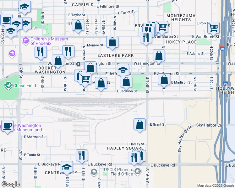 map of restaurants, bars, coffee shops, grocery stores, and more near 215 South 14th Street in Phoenix
