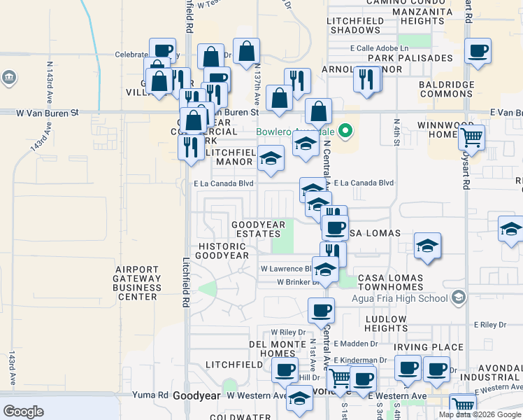 map of restaurants, bars, coffee shops, grocery stores, and more near 1025 North Los Olivos Drive in Goodyear