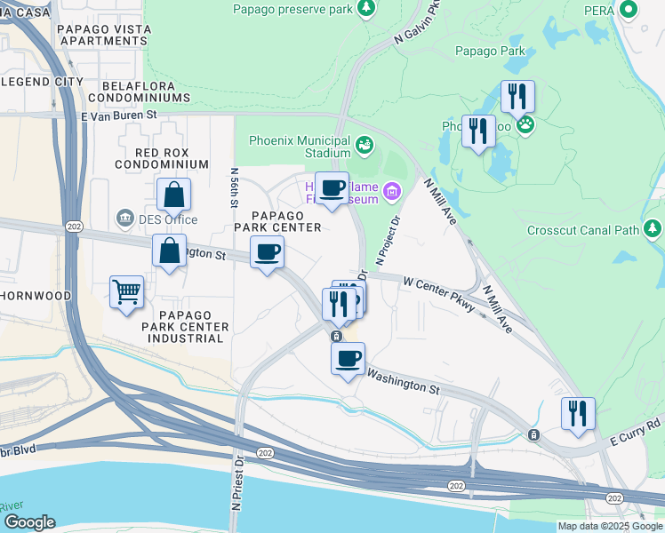 map of restaurants, bars, coffee shops, grocery stores, and more near 1500 North Priest Drive in Tempe