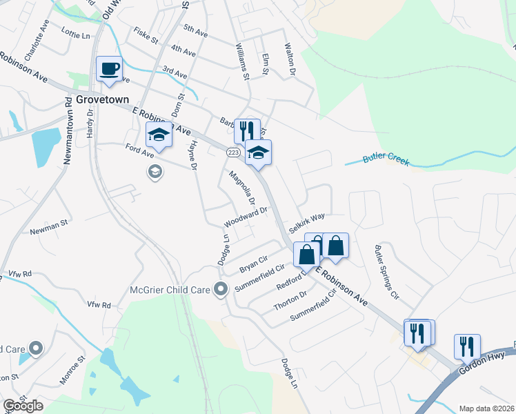 map of restaurants, bars, coffee shops, grocery stores, and more near 512 East Robinson Avenue in Grovetown