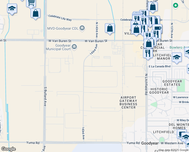 map of restaurants, bars, coffee shops, grocery stores, and more near 255 South 143rd Avenue in Goodyear