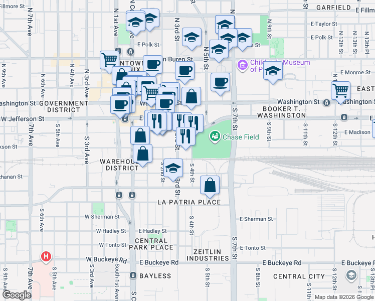 map of restaurants, bars, coffee shops, grocery stores, and more near 333 East Jefferson Street in Phoenix
