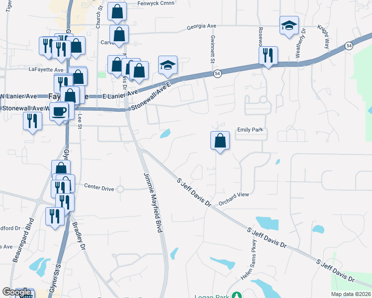 map of restaurants, bars, coffee shops, grocery stores, and more near 155 Meadowbrook Court in Fayetteville
