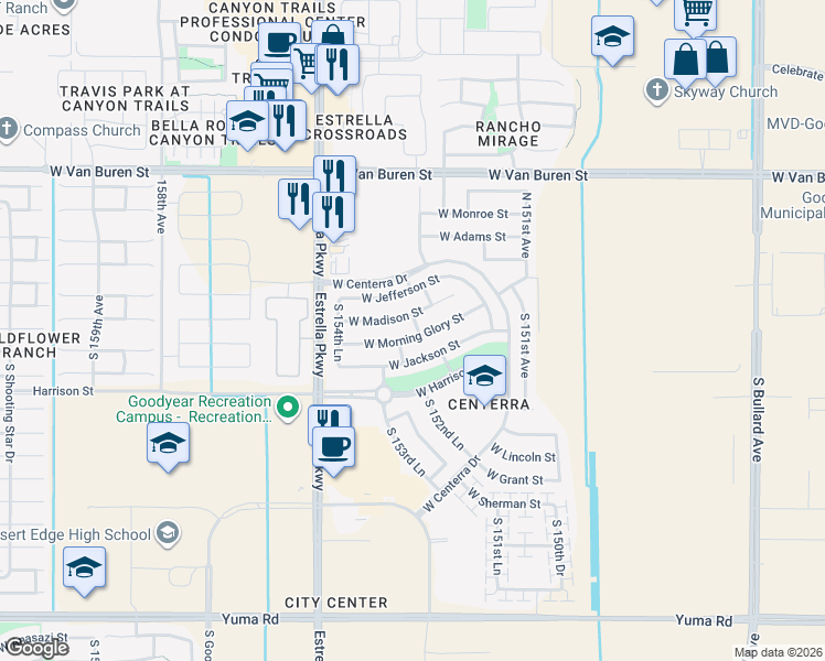 map of restaurants, bars, coffee shops, grocery stores, and more near 15304 West Madison Street in Goodyear