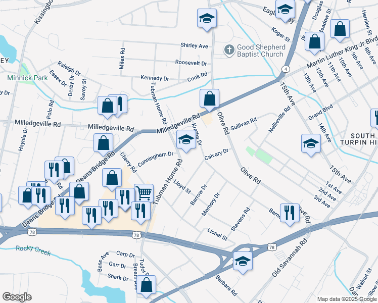 map of restaurants, bars, coffee shops, grocery stores, and more near 1925 Kratha Drive in Augusta