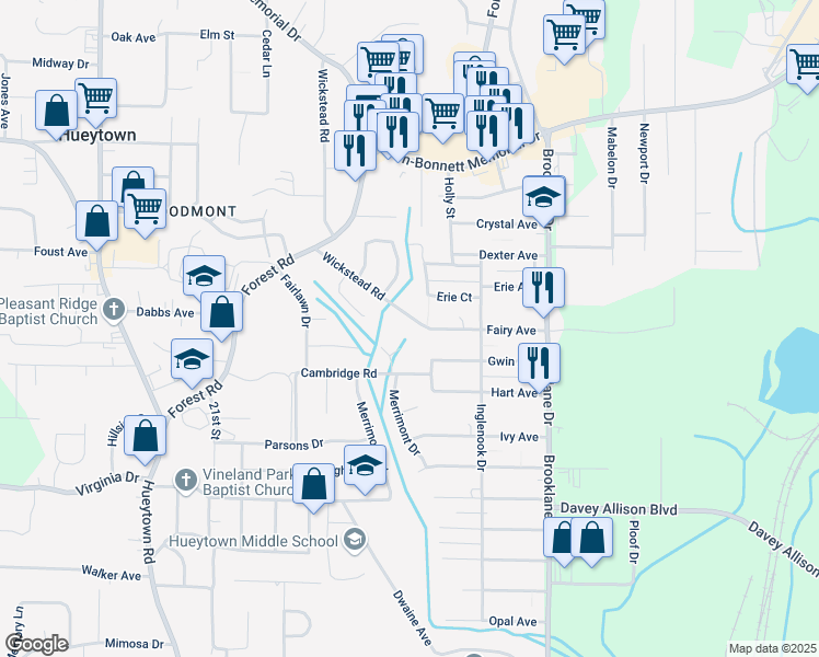 map of restaurants, bars, coffee shops, grocery stores, and more near 400 Wickstead Road in Hueytown