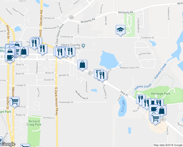 map of restaurants, bars, coffee shops, grocery stores, and more near 442 Georgia 81 in McDonough