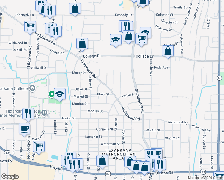 map of restaurants, bars, coffee shops, grocery stores, and more near 1108 Judson Street in Texarkana