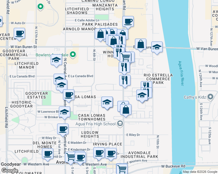 map of restaurants, bars, coffee shops, grocery stores, and more near 1198 North 7th Street in Avondale
