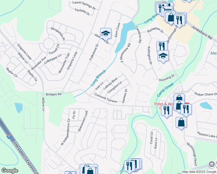 map of restaurants, bars, coffee shops, grocery stores, and more near 1120 Ivey Lane in McDonough