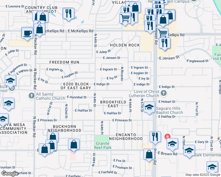 map of restaurants, bars, coffee shops, grocery stores, and more near 6526 East Indigo Street in Mesa