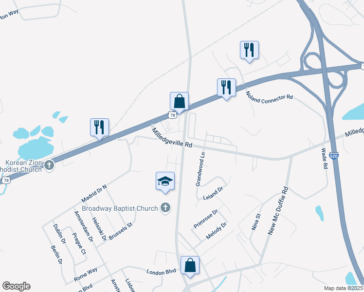 map of restaurants, bars, coffee shops, grocery stores, and more near 2300 Barton Chapel Road in Augusta