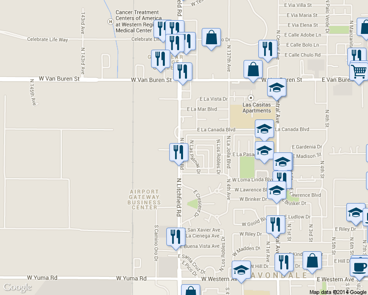 map of restaurants, bars, coffee shops, grocery stores, and more near 2 East La Pasada Boulevard in Goodyear