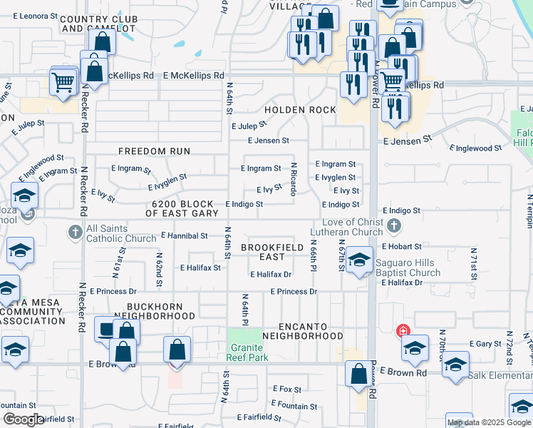 map of restaurants, bars, coffee shops, grocery stores, and more near 6526 East Indigo Street in Mesa