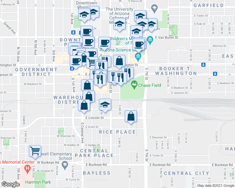 map of restaurants, bars, coffee shops, grocery stores, and more near 333 East Jefferson Street in Phoenix