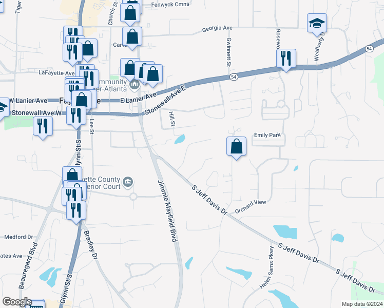 map of restaurants, bars, coffee shops, grocery stores, and more near 155 Meadowbrook Court in Fayetteville