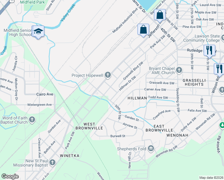 map of restaurants, bars, coffee shops, grocery stores, and more near 4817 Jefferson Avenue Southwest in Birmingham