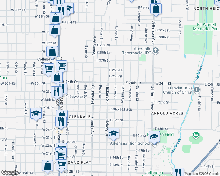 map of restaurants, bars, coffee shops, grocery stores, and more near 2323 Locust Street in Texarkana