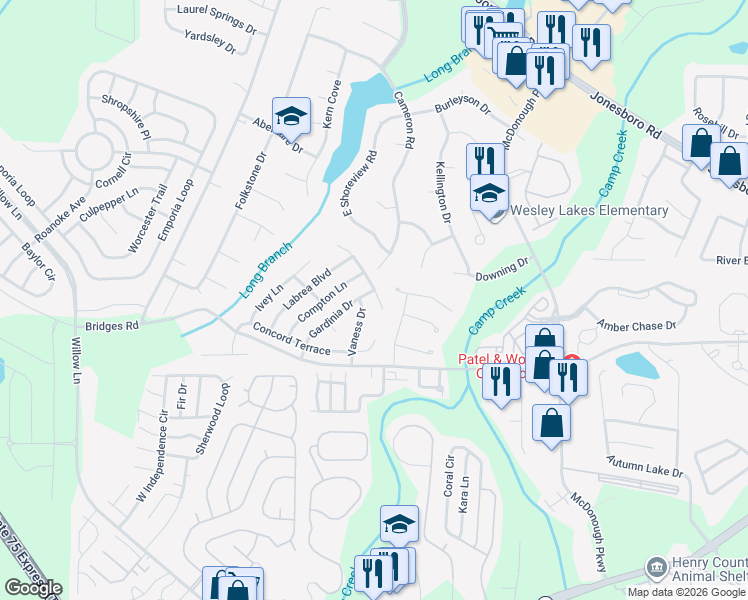 map of restaurants, bars, coffee shops, grocery stores, and more near 610 Compton Lane in McDonough