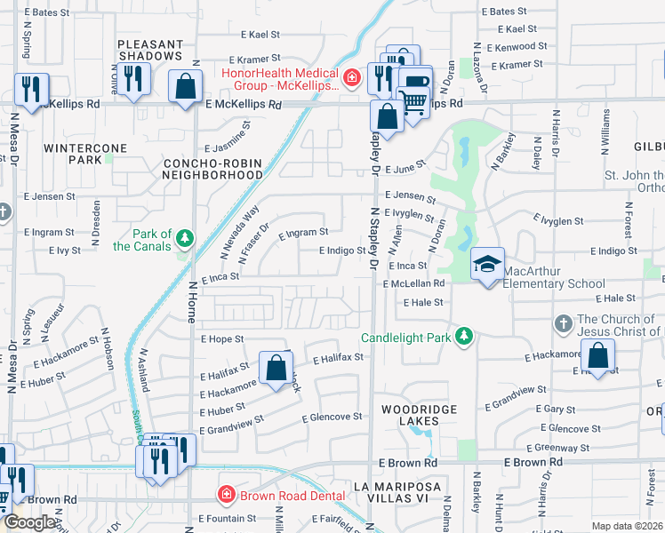 map of restaurants, bars, coffee shops, grocery stores, and more near 1105 East Indigo Street in Mesa
