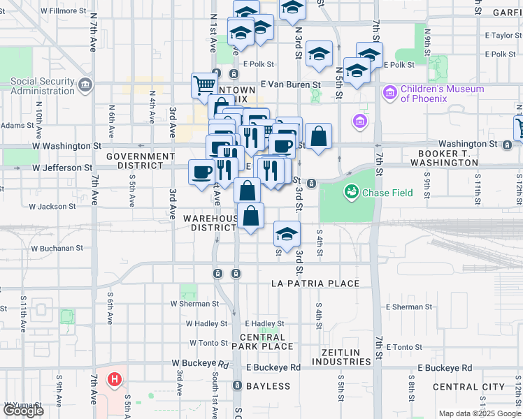 map of restaurants, bars, coffee shops, grocery stores, and more near 101 East Jackson Street in Phoenix
