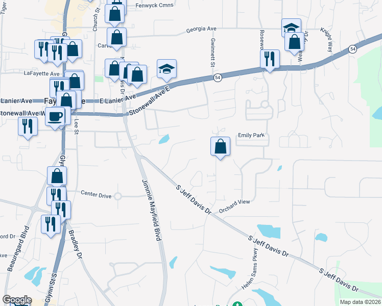 map of restaurants, bars, coffee shops, grocery stores, and more near 160 Hunters Lane in Fayetteville