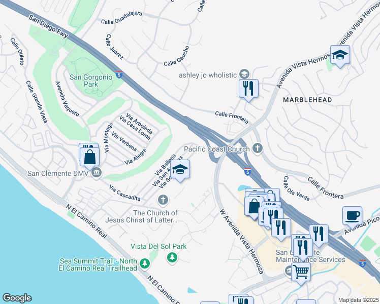 map of restaurants, bars, coffee shops, grocery stores, and more near 255 Via Socorro in San Clemente